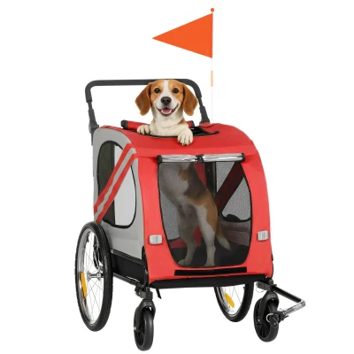 Aosom Dog Bike Trailer, 2-in-1 Dog Wagon Pet Stroller for Travel with Universal Wheel Reflectors Flag, for Small and Medium Dogs, Red