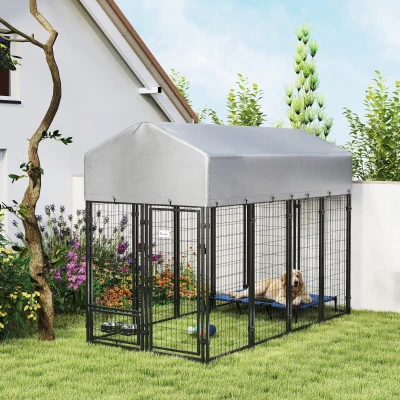 PawHut 8' x 4' Outdoor Dog Kennel with Rotating Bowls & Cover