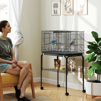 PawHut 46" H Bird Cage, Large Parakeet Cage for Budgie, Lovebird, Canary, Finches with Divider, Black