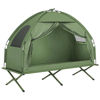 Outsunny Compact Pop Up Portable Folding Outdoor Elevated Camping Cot Tent Combo Set Dark Green