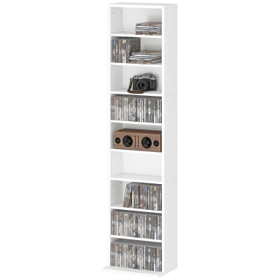 HOMCOM Media Storage Cabinet, 9-Tier Tall Narrow DVD Shelf with 6 Adjustable Shelves, White