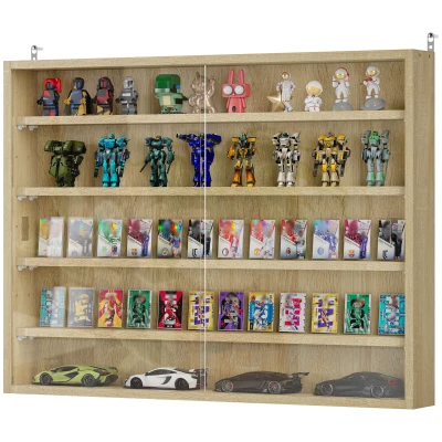 HOMCOM 5-storey Display Cabinet, Shot Glass Display Case, Glass Curio Cabinet with 2 Glass Doors and 4 Adjustable Shelves, Oak