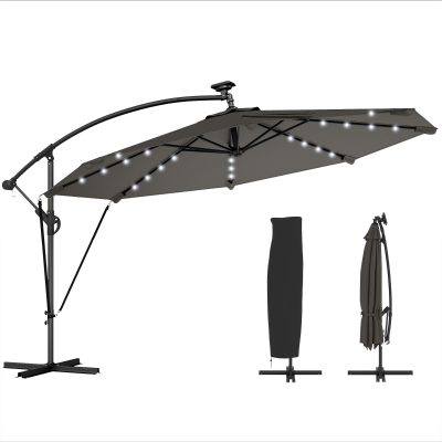 Outsunny 11.3 ft Cantilever Patio Umbrella with Light, Cover, Aluminium UPF50+ Offset Outdoor Umbrella Parasol, Dark Grey
