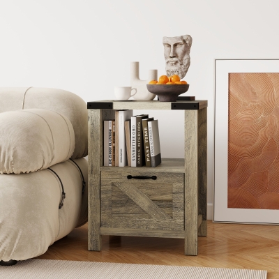 HOMCOM Small Side Table with Storage, Farmhouse End Table with Drawer, Open Shelf and Barn-style Panel, Nightstand for Living Room, Bedroom, Grey