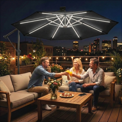 Outsunny 10 ft Offset Patio Umbrella with Solar Light, Garden Hanging Parasol with 360° Rotation, Tilt, Cover, Black