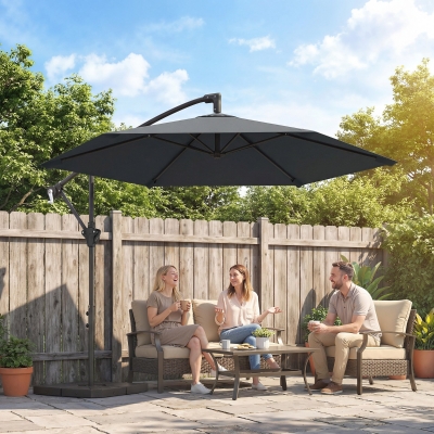 Outsunny 9.7 ft Offset Patio Umbrella with Water/Sand Fillable Weights, Garden Hanging Parasol with Locking Latch, Dark Grey