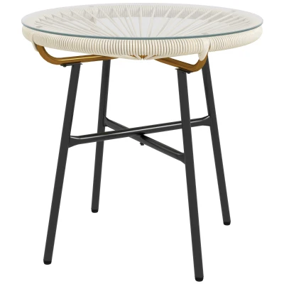 Outsunny Rattan Side Table, Round Outdoor Table, with Round PE Rattan and Tempered Glass Table Top for Patio, Garden, Cream White