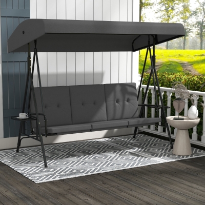 Outsunny 3-Seat Outdoor Porch Swing Patio Swing with Adjustable Canopy, Side Tray, Removable Cushion for Garden, Poolside, Grey