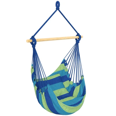 Outsunny Hammock Chair Swing Hanging Macrame Chair w/ Two Soft Seat Cushions, Blue and Green