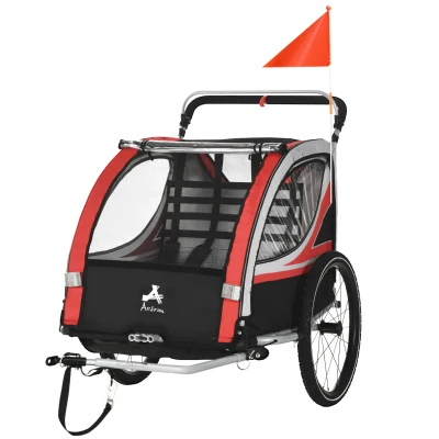 Aosom 3-in-1 Bike Trailer for Kids, Running Stroller with 2 Seats, Jogging Cart with 5-Point Harness, Storage Units, Red