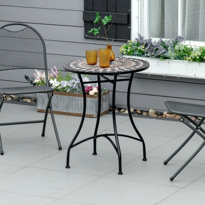 Outsunny Mosaic Patio Table, Round Coffee Table with Metal Frame, Garden Furniture for Outdoor, Poolside, Black