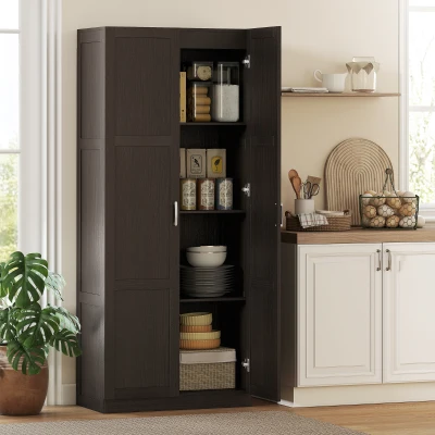 HOMCOM 71" Farmhouse Kitchen Pantry Cabinet with Adjustable Shelves, Brown