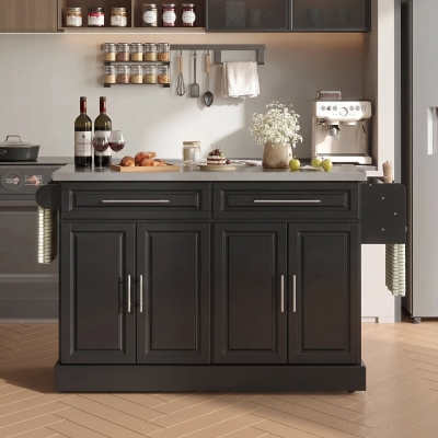 HOMCOM Rolling Kitchen Island with Storage and Stainless Steel Top, Kitchen Trolley with Drawers, Cabinets, Towel Rack