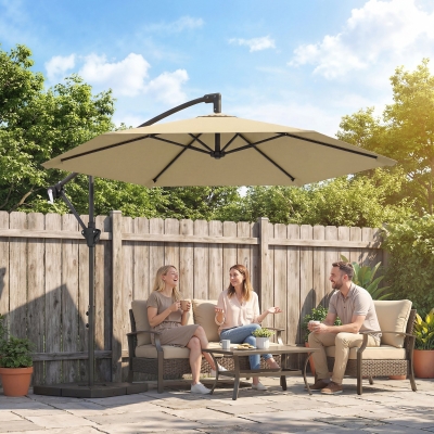 Outsunny 9.7 ft Offset Patio Umbrella with Water/Sand Fillable Weights, Garden Hanging Parasol with Locking Latch, Khaki