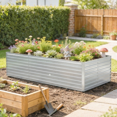 Outsunny 8' x 4' x 2' Raised Garden Bed, Galvanized Planter Box for Growing Flowers, Herbs and Vegetables, Silver