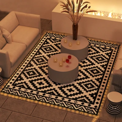 Outsunny 10' x 8' Reversible Outdoor Rug with LED Lights, Black/White