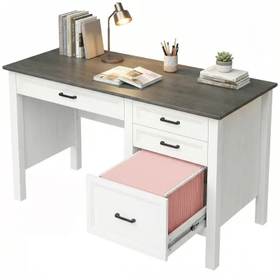 HOMCOM 54" Farmhouse Executive Desk, Computer Desk with Drawers, Adjustable Hanging Rails for for A4/Letter Size Files, White