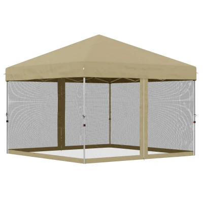 Outsunny 10' x 10' Pop-Up Party Tent UPF50+ Outdoor Canopy Tent with Mesh Sidewalls, 3-Level Adjustable Height, Roller Bag, Khaki