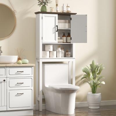 HOMCOM Over The Toilet Storage, Bathroom Cabinet Over Toilet with Open Shelf and Adjustable Bottom Bar, White