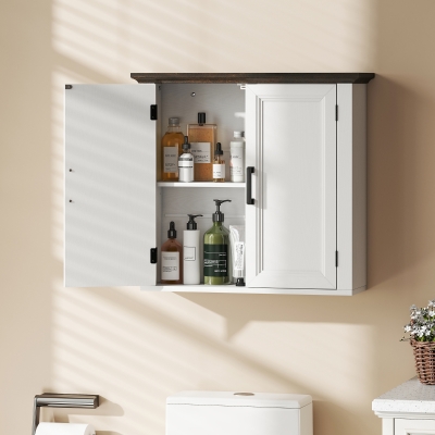 HOMCOM Bathroom Wall Cabinet, Farmhouse Medicine Cabinet Wall Mounted with 2 Doors and Adjustable Shelf, White