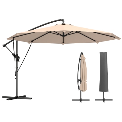 Outsunny 10FT Cantilever Patio Umbrella with 8 Ribs, Offset Patio Umbrella with Cover and Wind Ropes for Garden, Yard, Khaki