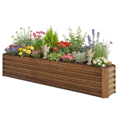 Outsunny 8 x 1.3 x 1.5ft Galvanized Raised Garden Bed, Reinforced Outdoor Planter Box with Open Bottom, Brown Wood Effect