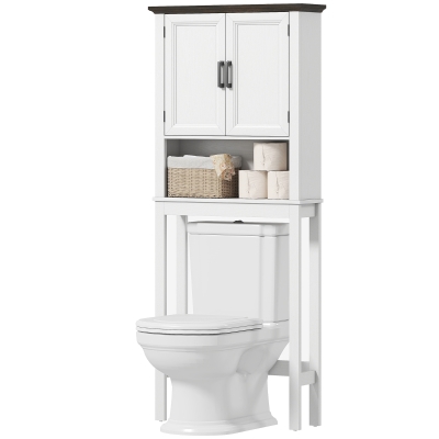 HOMCOM Over The Toilet Storage, Bathroom Cabinet Over Toilet with Open Shelf and Adjustable Bottom Bar, White