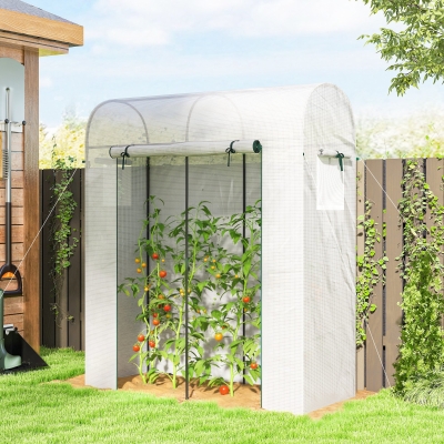 Outsunny Mini Greenhouse, Portable Garden Green House with Roll-up Door and Mesh Windows, 6' x 2' x 6.6', White