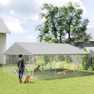 PawHut Heavy Duty Outdoor Dog Kennel with Waterproof Roof, Secure Latch, Chain Link Dog Run for Backyard, 19.7' x 19.7' x 8.9'