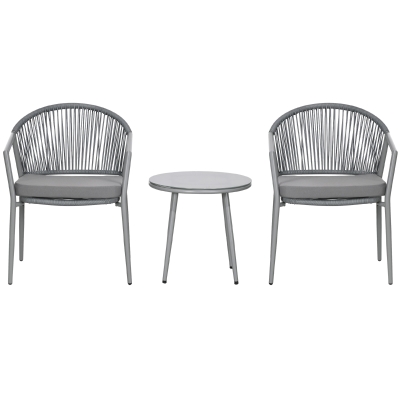 Outsunny 3-Piece Rattan Bistro Set, Garden Seating Group with 2 Armchairs and Coffee Table, Balcony Furniture Set, Grey