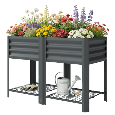 Outsunny Raised Garden Bed Steel Elevated Planter with Shelf, 31.5", Gray