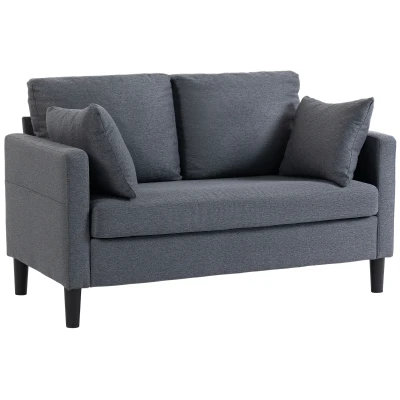 HOMCOM 55" Loveseat Sofa, Modern Linen Upholstered Couch with Spring Cushion, 2 Pillows, Dark Grey