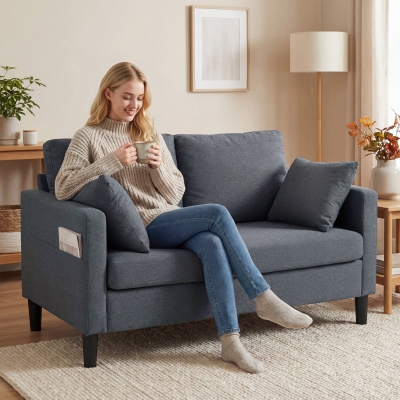 HOMCOM 55" Loveseat Sofa, Modern Linen Upholstered Couch with Spring Cushion, 2 Pillows, Dark Grey