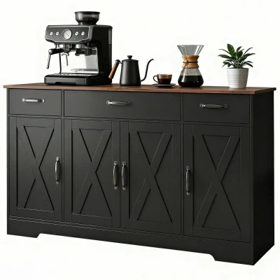 HOMCOM Sideboard Buffet Cabinet, 55" Farmhouse Kitchen Cabinet with 4 Barn Doors, 3 Drawers, 3 Adjustable Shelves, Black