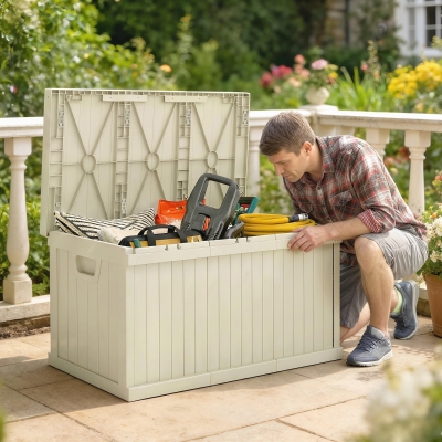 Outsunny 70 Gallon Deck Box, Resin Outdoor Storage Box with Handles, Waterproof Storage Container for Garden Tools, Sand