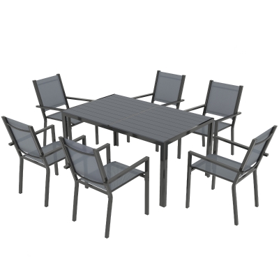 Outsunny 7 Piece Outdoor Dining Set with 6 Stackable Chairs, Rectangle Table, WPC Slatted Top, Rust-Resistant Steel Frame