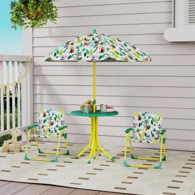 Qaba Kids Picnic Table Set with Folding Chairs & Umbrella, Green