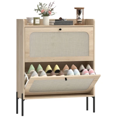 HOMCOM Shoe Cabinet with 2 Flip Drawers, Boho Narrow Shoe Storage Cabinet, Oak