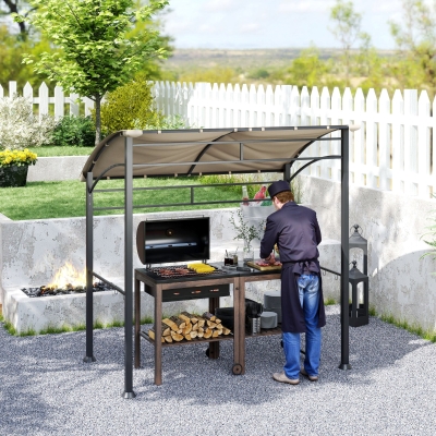 Outsunny 7' x 5' BBQ Grill Gazebo Tent, Garden Grill Canopy with Steel Frame and Hooks, Outdoor Sun Shade, Khaki