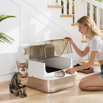 PawHut Stainless Steel Cat Litter Box, Easy-Clean Enclosure with Scoop & Flip Lid, 27.6" L x 19.7" W x 18.3" H, White