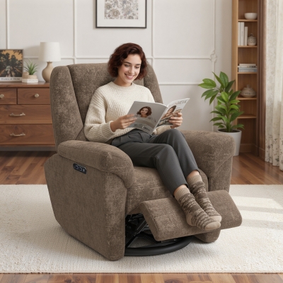 HOMCOM Power Recliner Chair, Fabric Upholstered Recliner Chair with USB Ports, Swivel and Rocking Function, Footrest