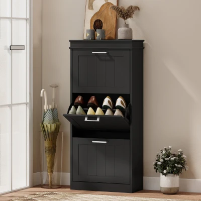 HOMCOM Modern Black Shoe Cabinet with 3 Flip Drawers, 15 Pairs