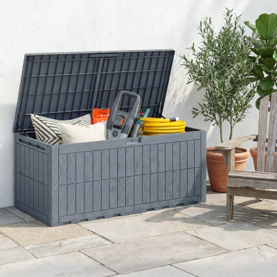 Outsunny 220 Gallon Resin Deck Box, Waterproof Lockable Outdoor Storage Box with Pneumatic Gas Rods, Side Handles