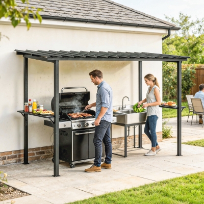 Outsunny 12' x 6' Hardtop Grill Gazebo, BBQ Gazebo with 2 Side Shelves and Galvanized Metal Slope Roof, Black