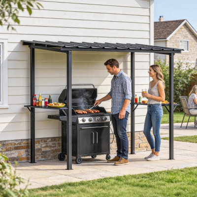 Outsunny 9' x 6' Hardtop Grill Gazebo, BBQ Gazebo with 2 Side Shelves and Galvanized Metal Slope Roof, Black