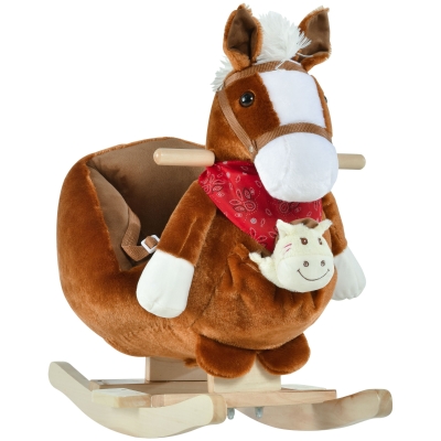 Qaba Kids Rocking Horse Toy with Lullaby, Plush Fabric, Brown