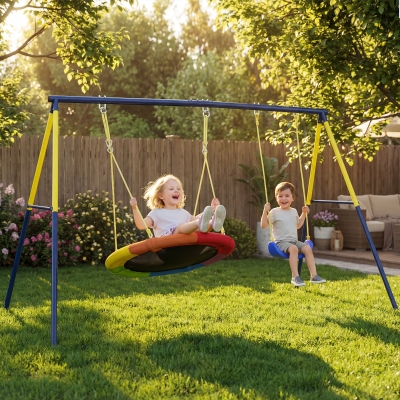 Qaba Kids Swing Set, Heavy Duty Metal 2 Seat Swing Stand Set with Ground Stakes, Supports 150 kg, Indoor Outdoor, Blue