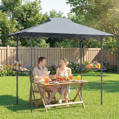 Outsunny 5 x 8.5 ft Pop Up Grill Gazebo with 2 Shelves, UPF 50+ Outdoor Instant Canopy Portable Shelter with Carry Bag, Dark Grey