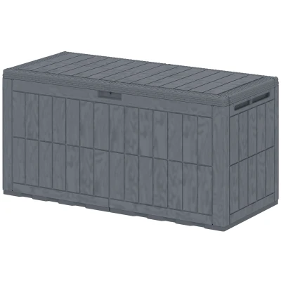 Outsunny 100 Gallon Resin Deck Box, Waterproof Lockable Outdoor Storage Box with Pneumatic Gas Rods, Side Handles