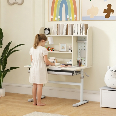 Qaba Kids Desk Height Adjustable with Tilted Desktop, Storage, Drawer, Pegboard, for 3-12 Years